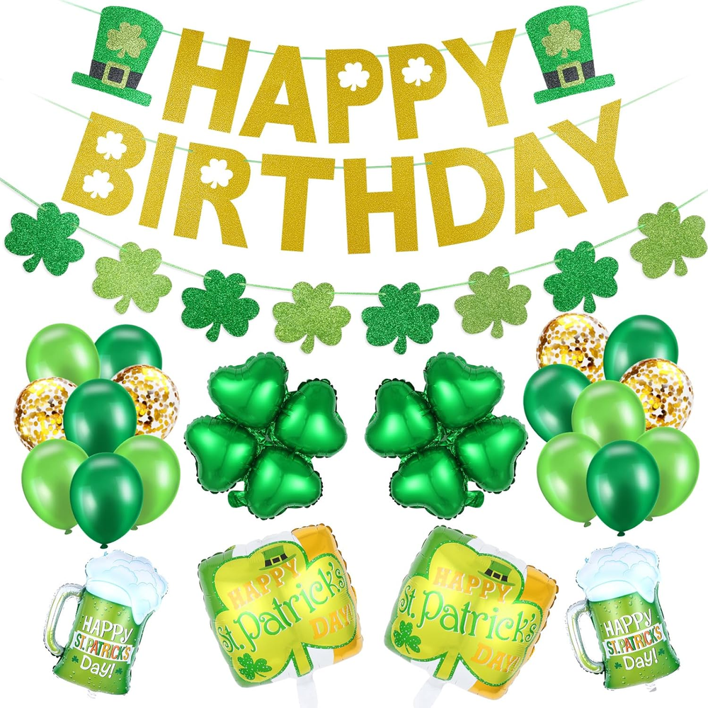 Gold Happy Birthday St Patricks Day Banner and Shamrock Garland Shamrock Foil Ba
