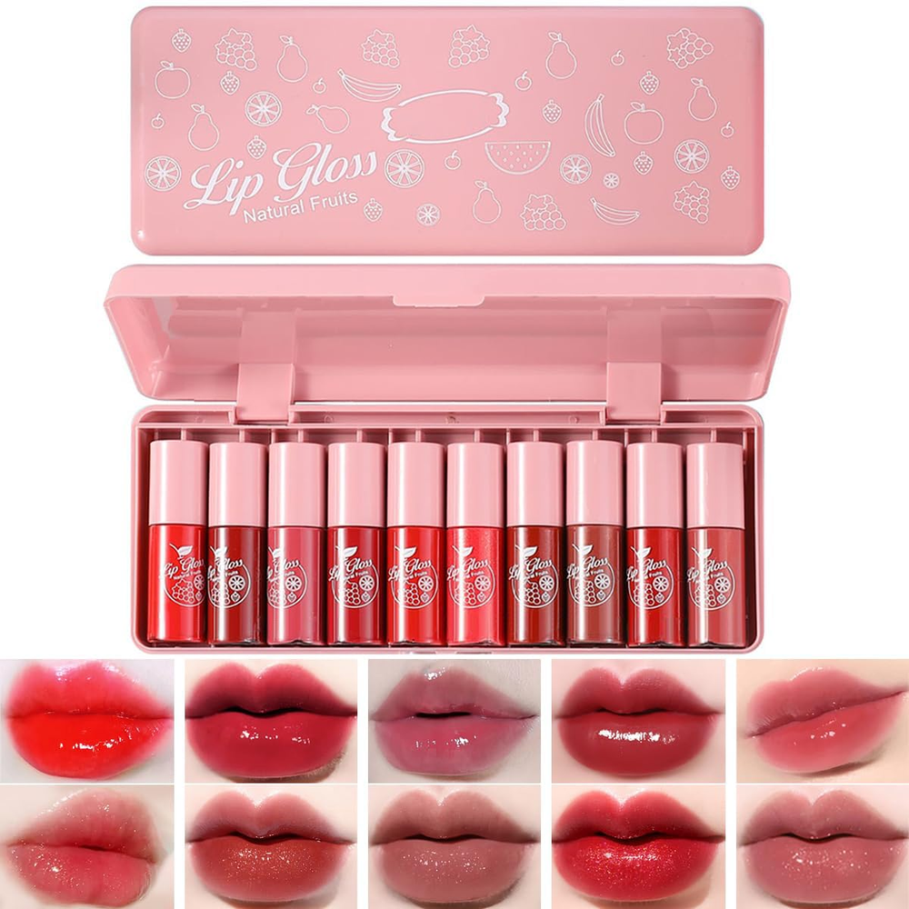 10-Color Korean Lip Tint Set with Plumping Gloss & Watery Stain in Pink