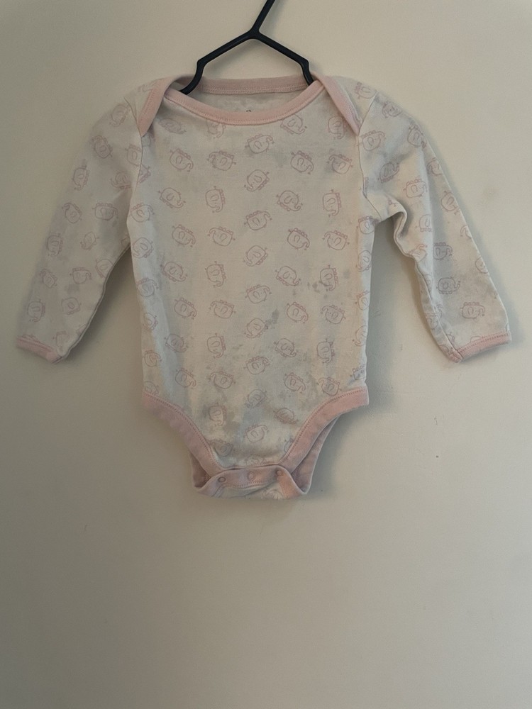 Old Navy Baby Girls Cute Pink Elephant Cotton Long Sleeve Bodysuit White 6-12M