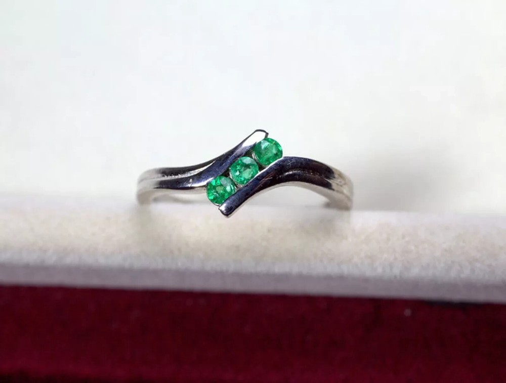 1.20CT Lab Created Round Cut Emerald 3 Diamond Dainty Ring 14K White Gold Plated