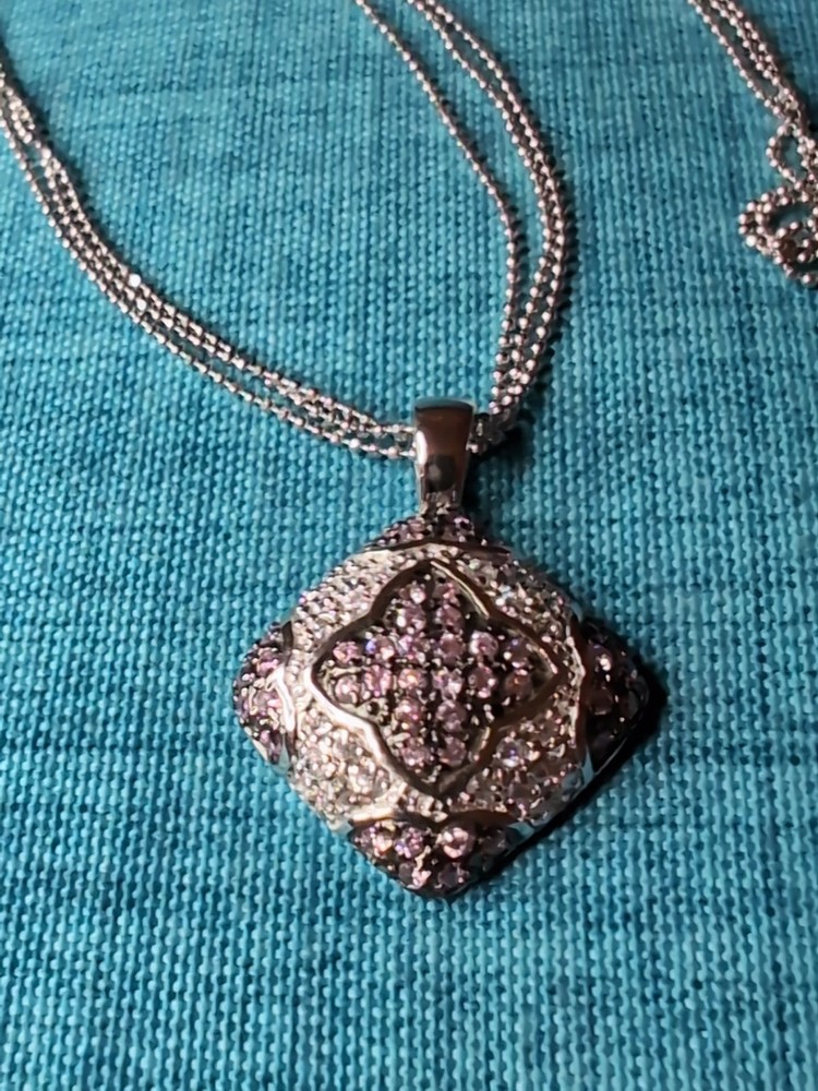 Gorgeous Vintage Sterling Silver 925 Marcasite & Pink Gemstone Pendant Necklace