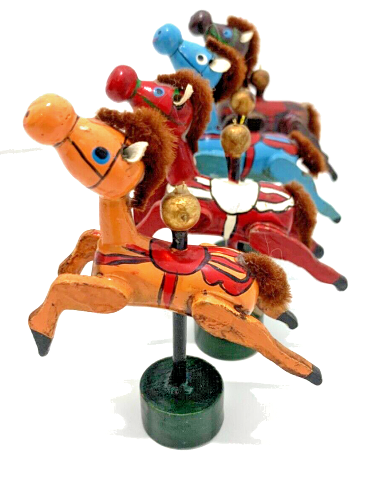 Vintage Wooden Carousel Horses Ornaments, set of 4