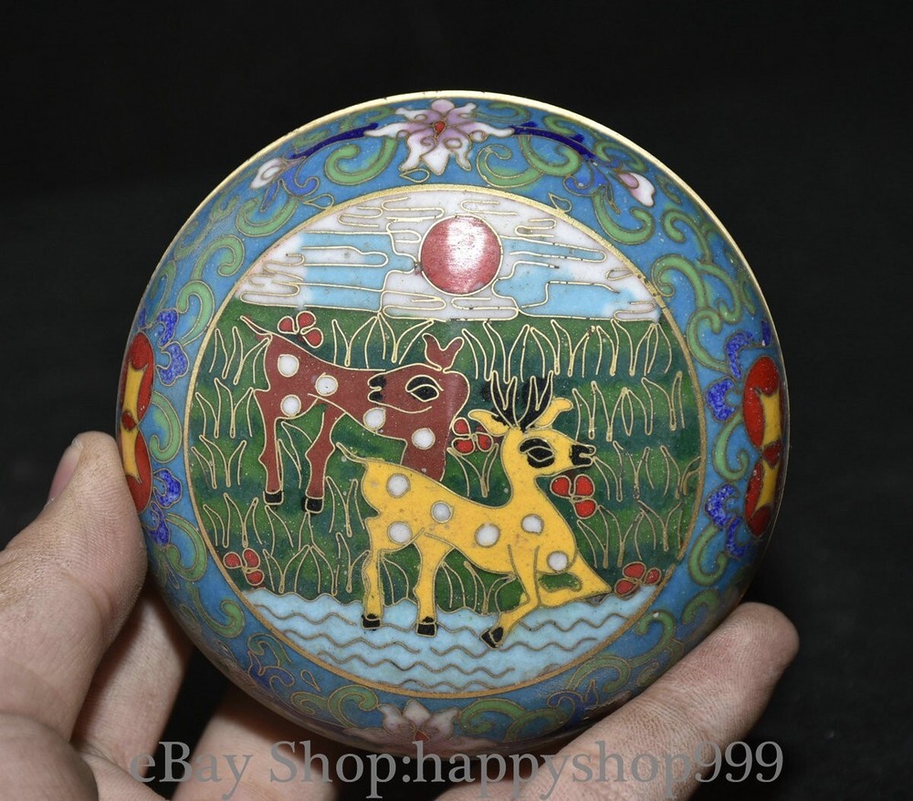 3.6 Inch Vintage Chinese Cloisonne Enamel Copper Jewelry Box with Floral and Sika Deer Design