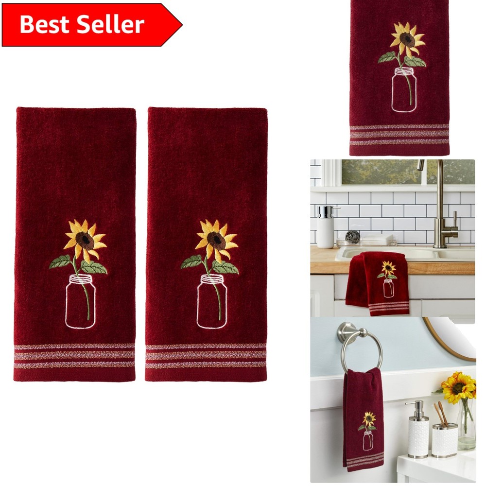 Luxurious 2-Piece Wine Sunflower Hand Towel Set for Autumn Decor