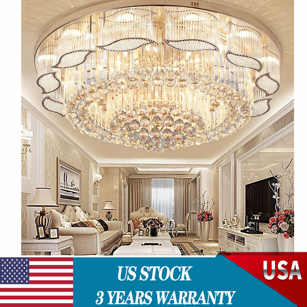 US Modern Crystal LED Ceiling Light Chandelier Flush Mount Lamp Lighting Fixture