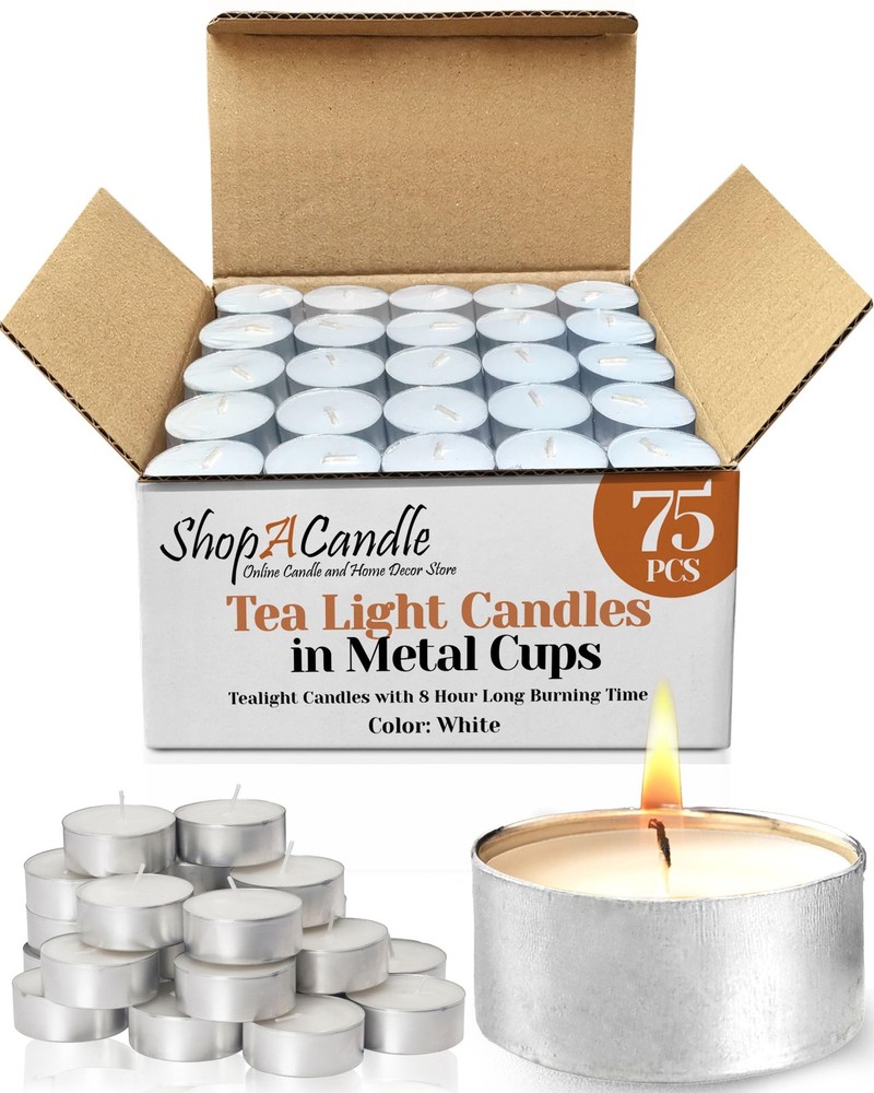Tealight Candles in Metal Cups Clean White Unscented 8 Hour Long Burn