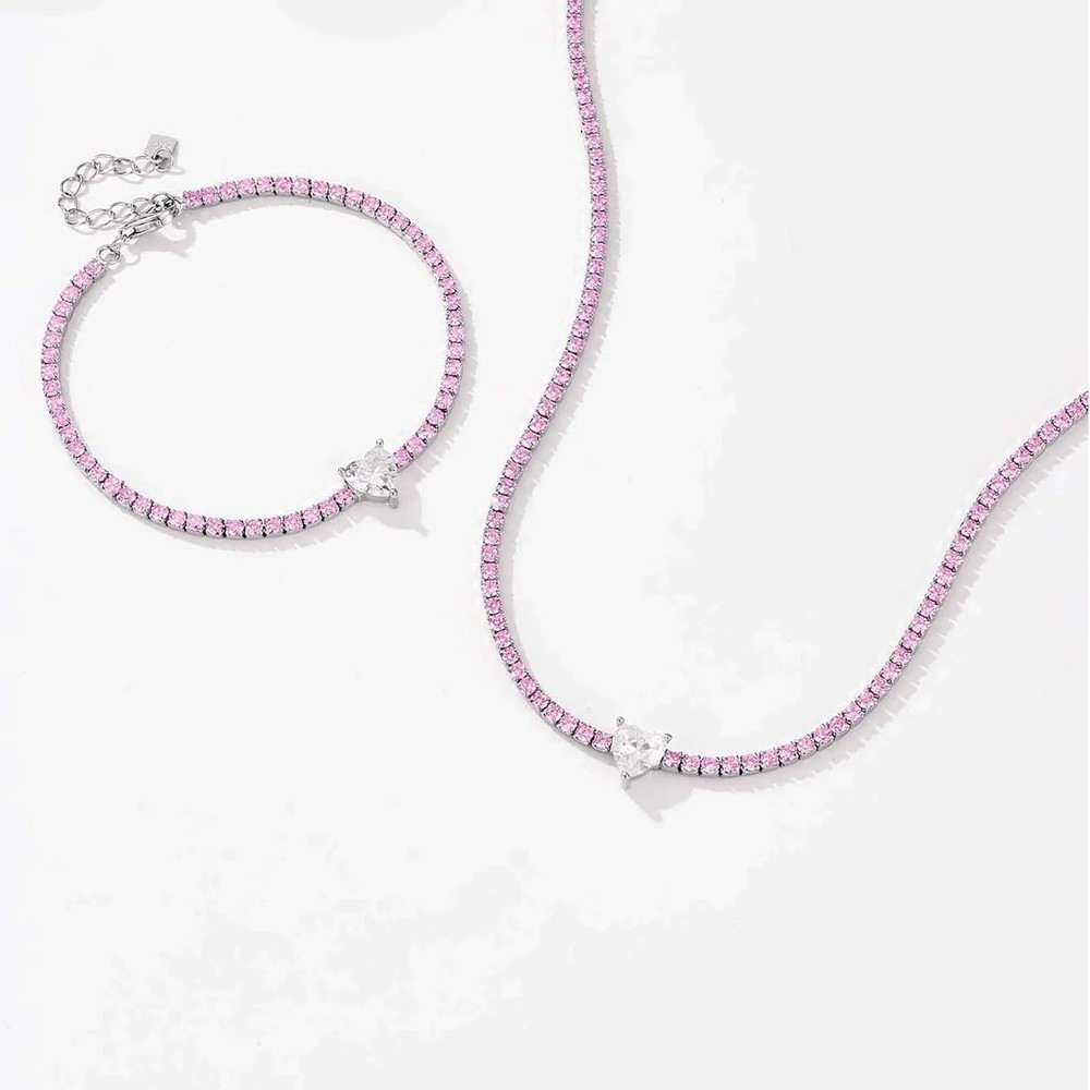 Pink Sterling Silver Love Heart CZ Zircon Choker Long Chiner Necklace Fine