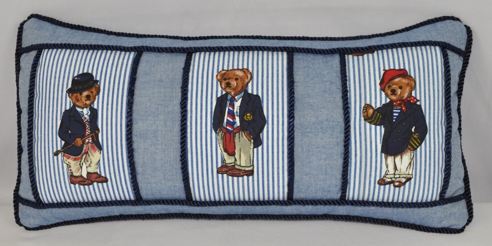 Corded Pillow made w Ralph Lauren Polo Teddy Bear Blue Pin Stripe Fabric 16x9