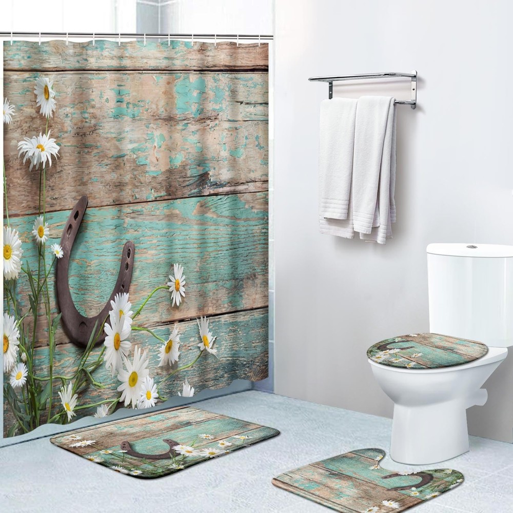 4 Piece Shower Curtain Sets, Western Rustic with Non-Slip Rugs, Toilet Lid Co...