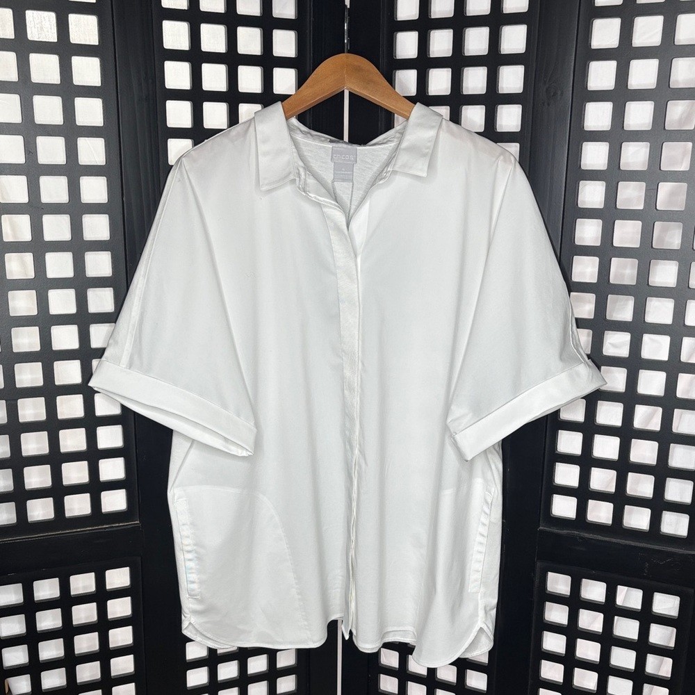 🤍Chico’s No Iron White Cotton Button Up Blouse Sz 4 (XL) NWT Pockets🤍