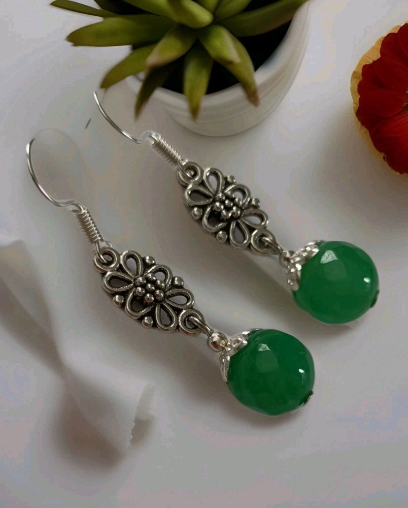 Vintage Silver Plated Emerald Green Gemstone Dangle Earrings  