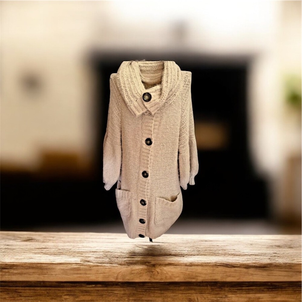 Free People Beige Wool Blend Chunky Knit Cardigan Sweater Size L