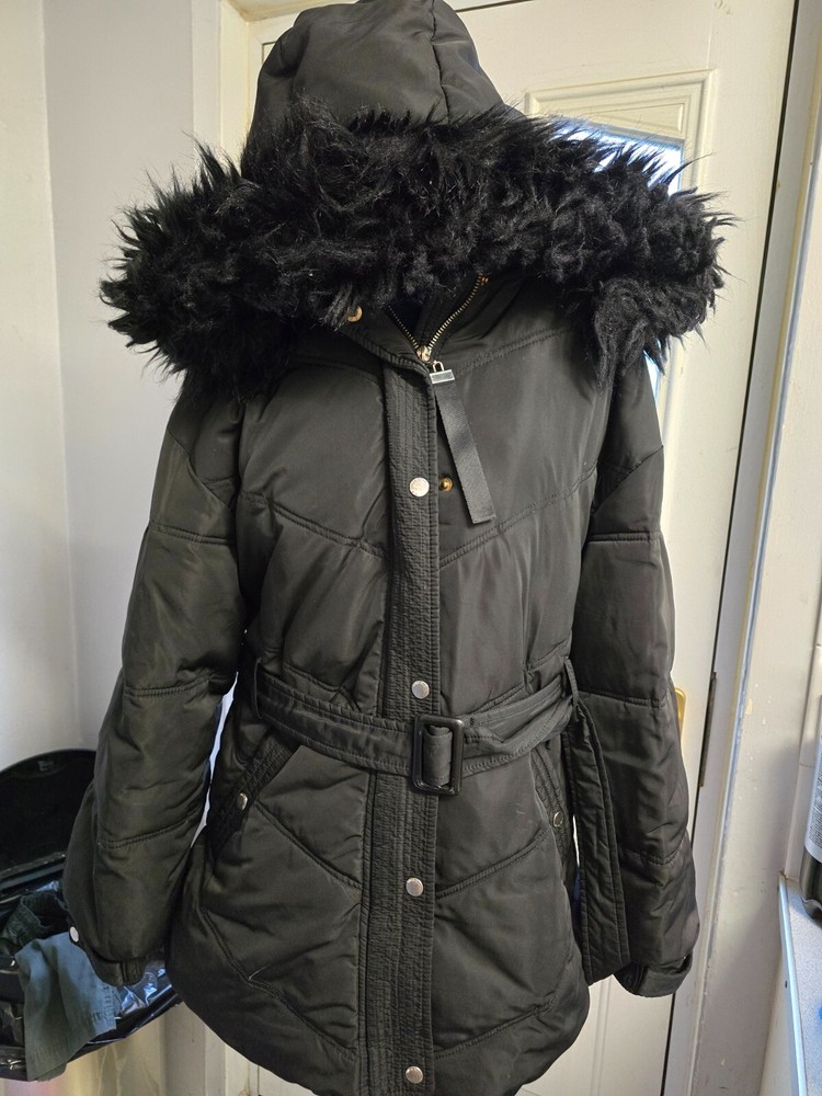 River Island padded belted  Fur Trim  hooded Coat uk 12