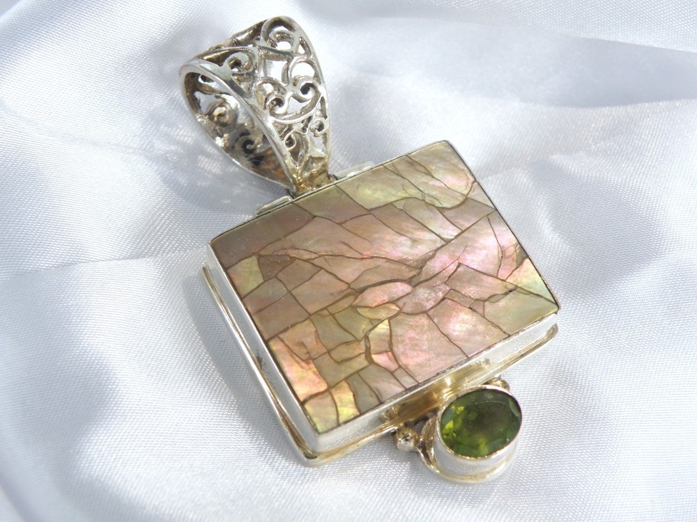 Vintage Sterling Silver 925 Mosaic Green Abalone Peridot Statement Pendant