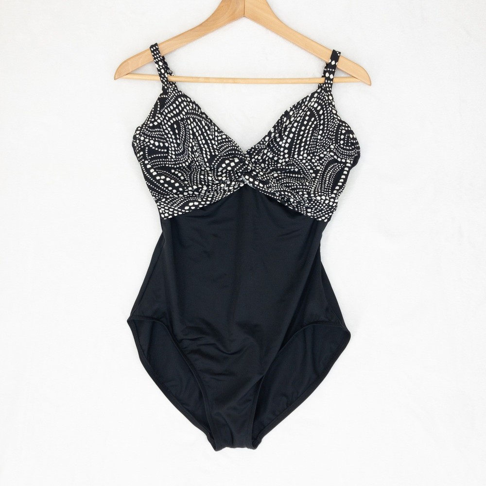 Miraclesuit One Piece Swimsuit Womens Size 14 Black Geometric Twist Roswell