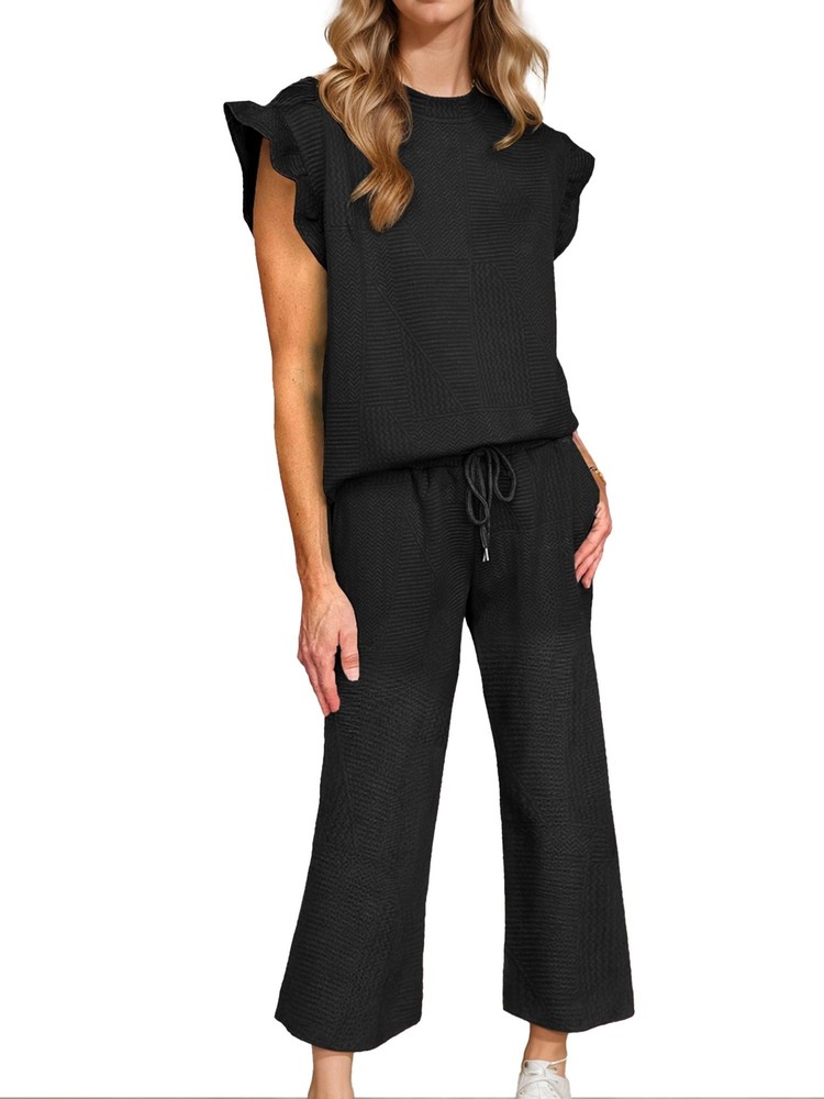 Women's Ruffle Sleeve Blouse & Flowy Cropped Pants Outfit Set