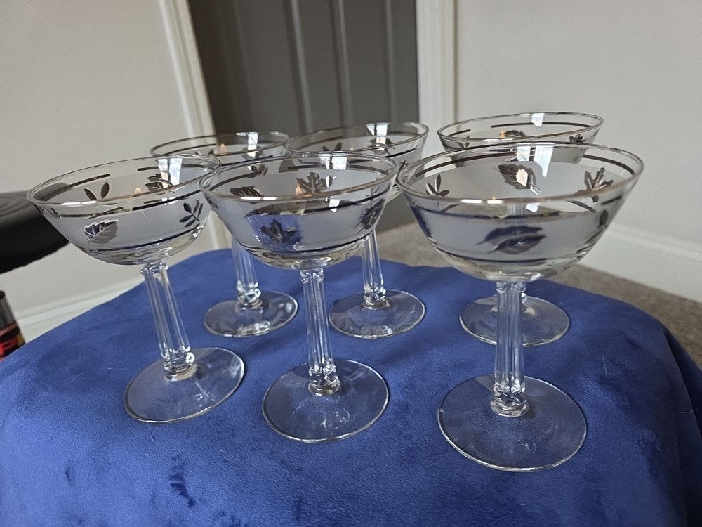 Libbey Frosted Glass Silver Leaf Champagne Coupe Set of 6