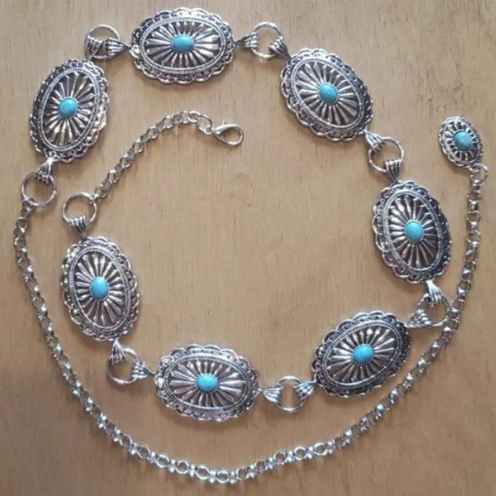 Flower Turquoise style Chain concho Waist Belt nwot