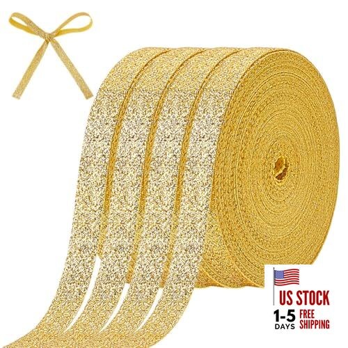 4 Rolls 40 Yards Sparkling Metallic Ribbon Roll Polyester Glitter Ribbon Gold