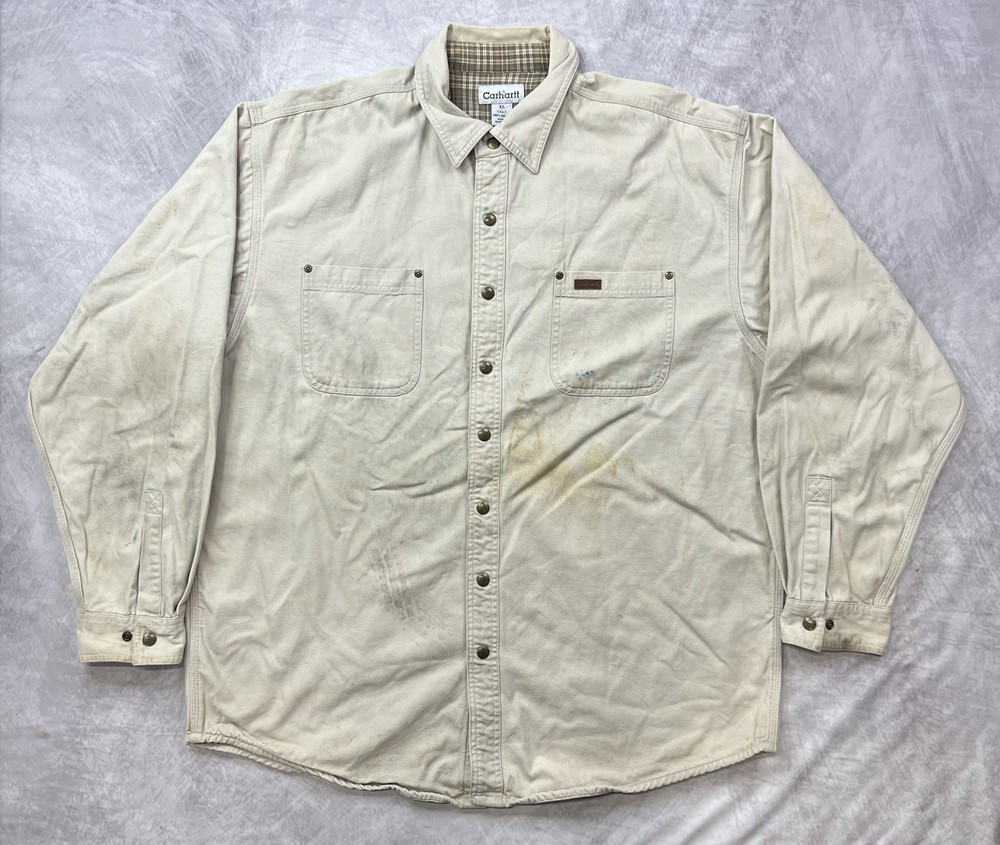 Carhartt Flannel Lined Beige Canvas Shirt Jacket Size XL Tall Snap Front