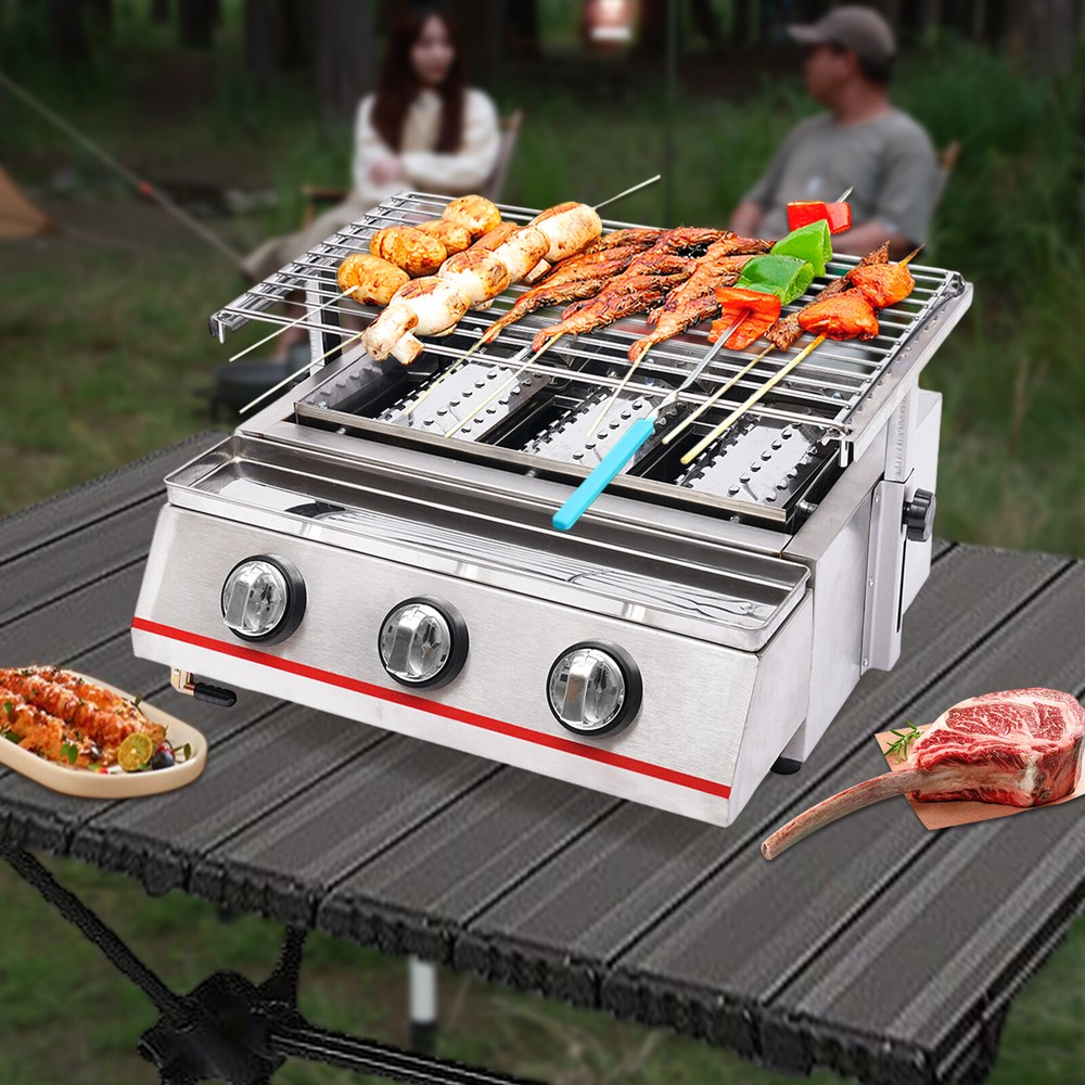 Stainless Steel Gas BBQ Portable Grill Camping 3-Burner LPG Outdoor Cooker, New