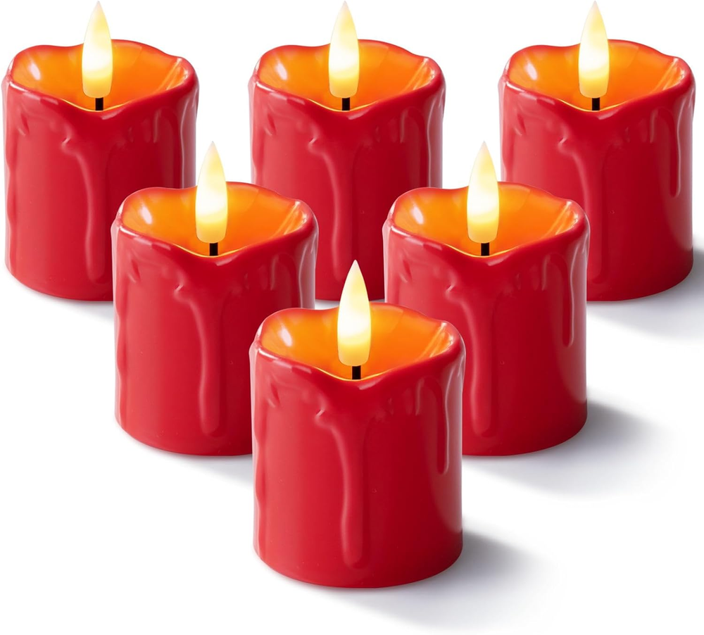 6Pack 2x2 Inch Red LED Votive Candles with 400+ Hour Timer Battery Life Poly Resin Flameless