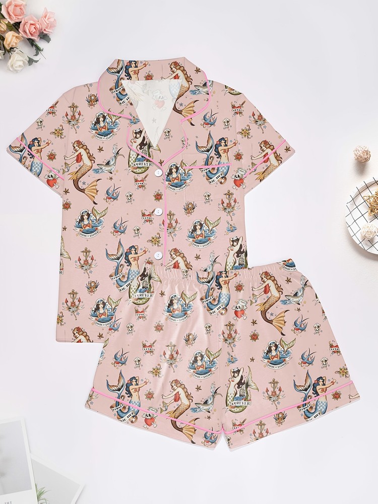 SHOPQAQ Women's Pajama Set, Short Sleeve Top and Loose Elastic Waistband Short