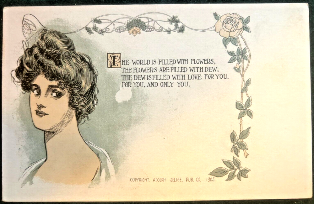 Antique Valentine: 1 of 7, Art Nouveau, Young woman wooing someone, unposted