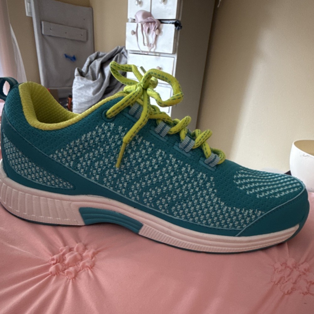 Orthofeet Women's Teal Yellow Mesh Comfort Sneakers Lace Up Walking Shoes