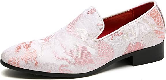 Santimon Men's US 7 - 12.5 Pink Casual Embroidery Smoking Loafers Dress Shoes