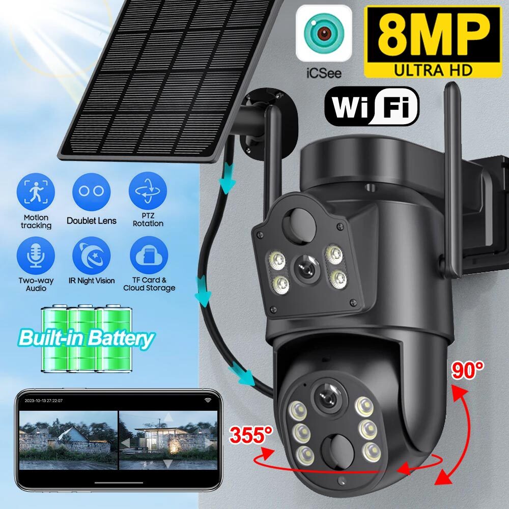 Solar Powered Security IP Camera 8MP Wifi Outdoor Surveillance Video CCTV Cam US