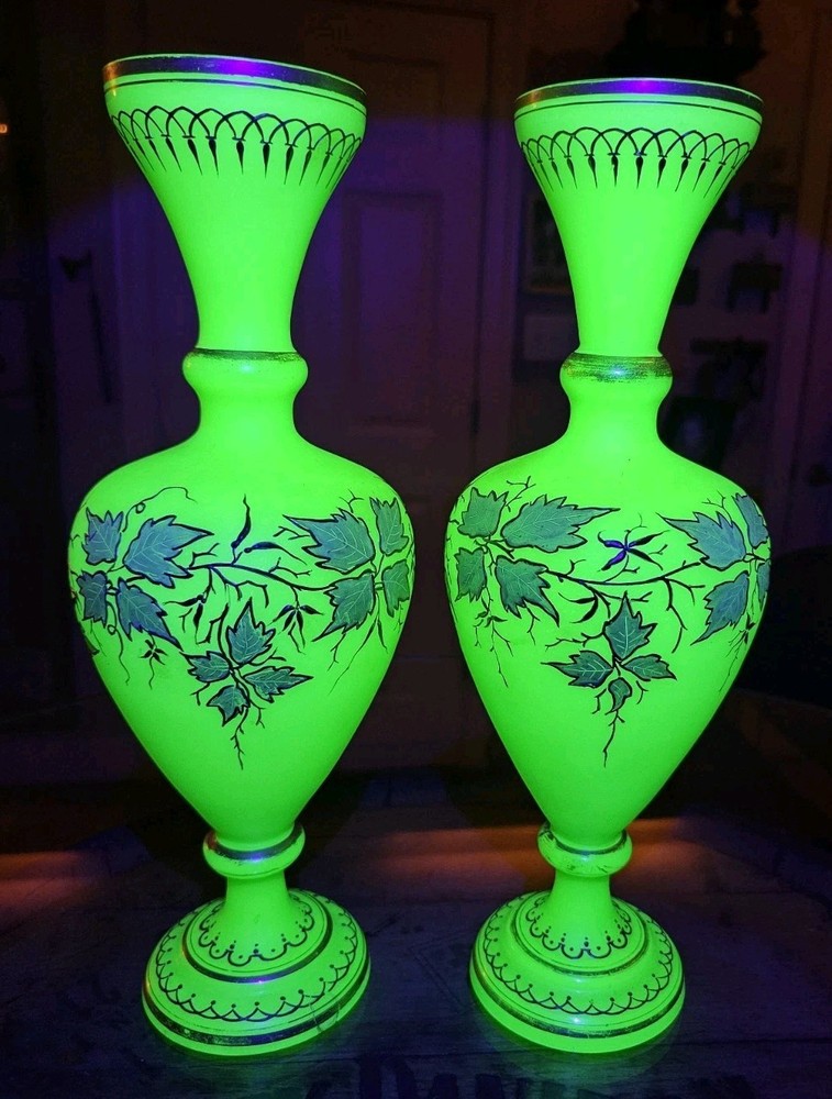 Pair ofAntique French Opaline Satin Uranium Glass Gilt Painted 14