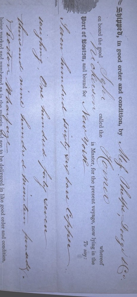 Antique 1849 Bill of Lading Maritime Ephemera Boston to New York Copper