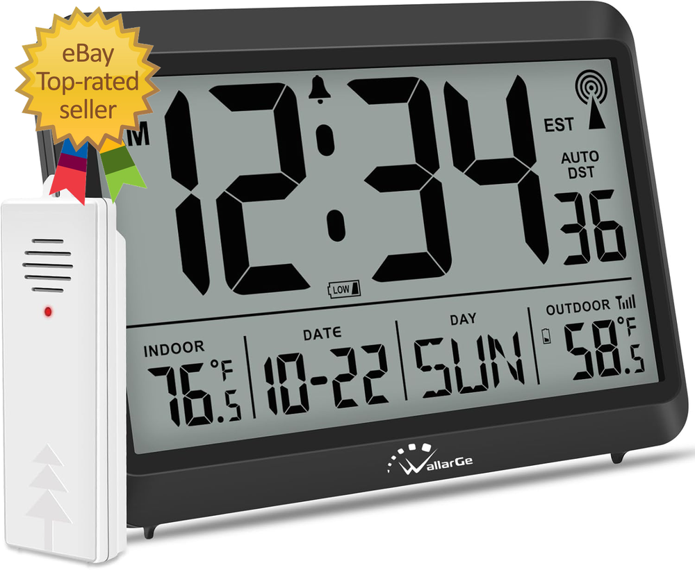 8.5-inch Atomic Digital Clock with Indoor Outdoor Temperature and Battery Operation