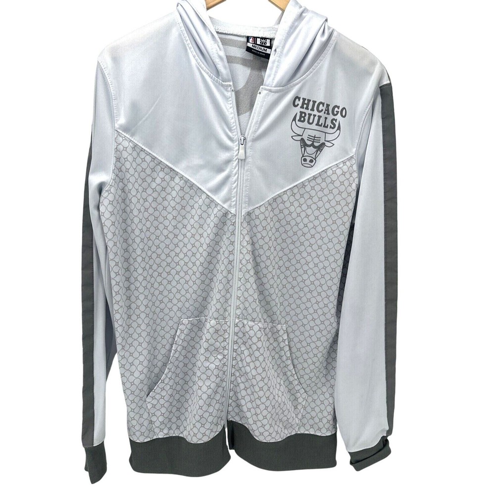 Chicago Bulls Hoodie Mens Medium Jacket White Gray Full Zip NBA NO DRAWSTRING