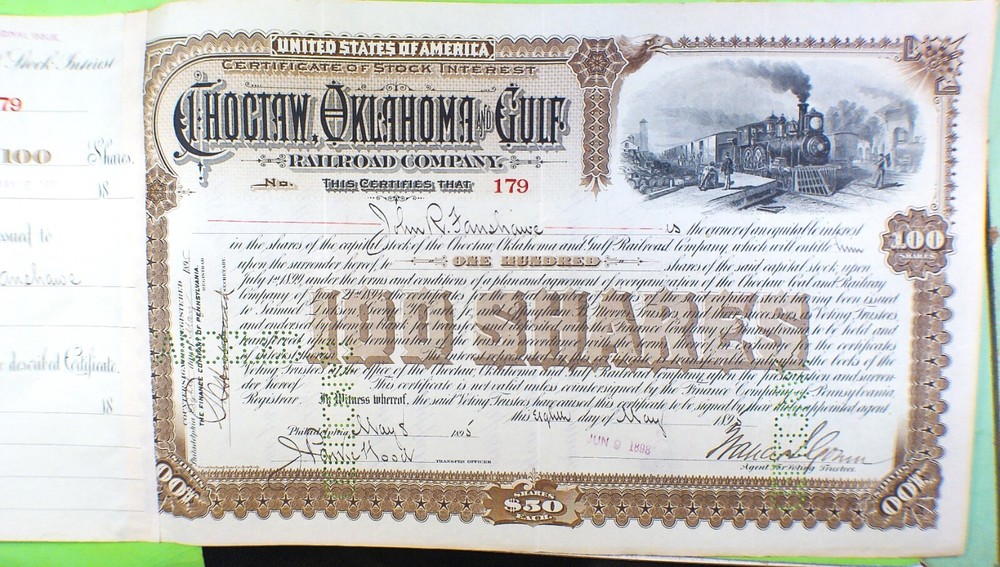 Choctaw Oklahoma & Gulf Railroad 1902 Issued Cancelled Certificate