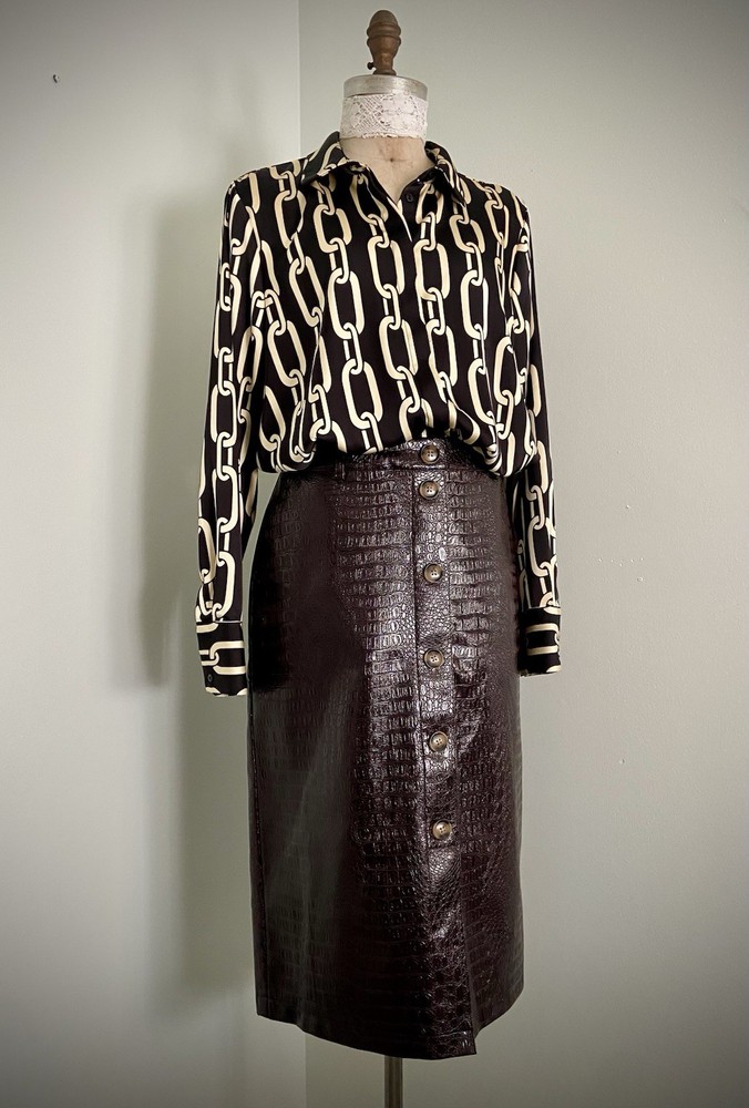 Rachel Comey Brown Croc Embossed Button Front Pencil Skirt SZ 12 Career