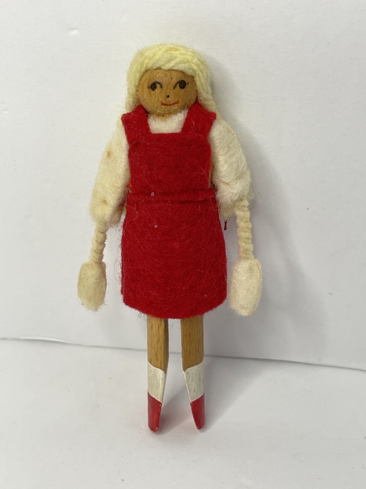 Vintage Folkart Christmas Clothespin Ornament Girl With Braids Handmade