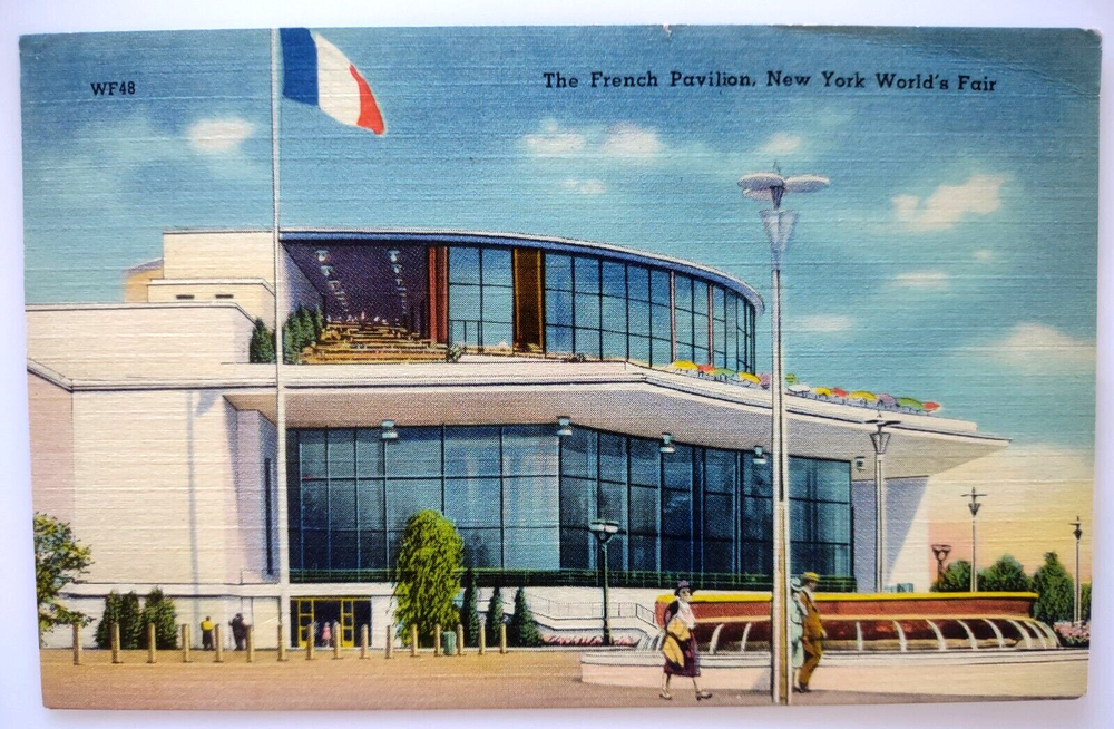 1939 New York Worlds Fair French Pavilion Postcard Modernist Flag Building