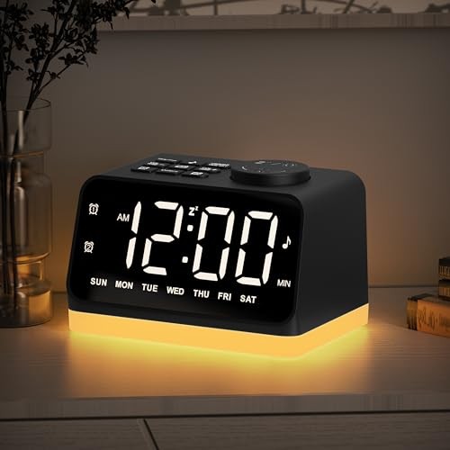 Digital Alarm Clock with FM Radio for Bedroom, 8 Colors Night Light with Black