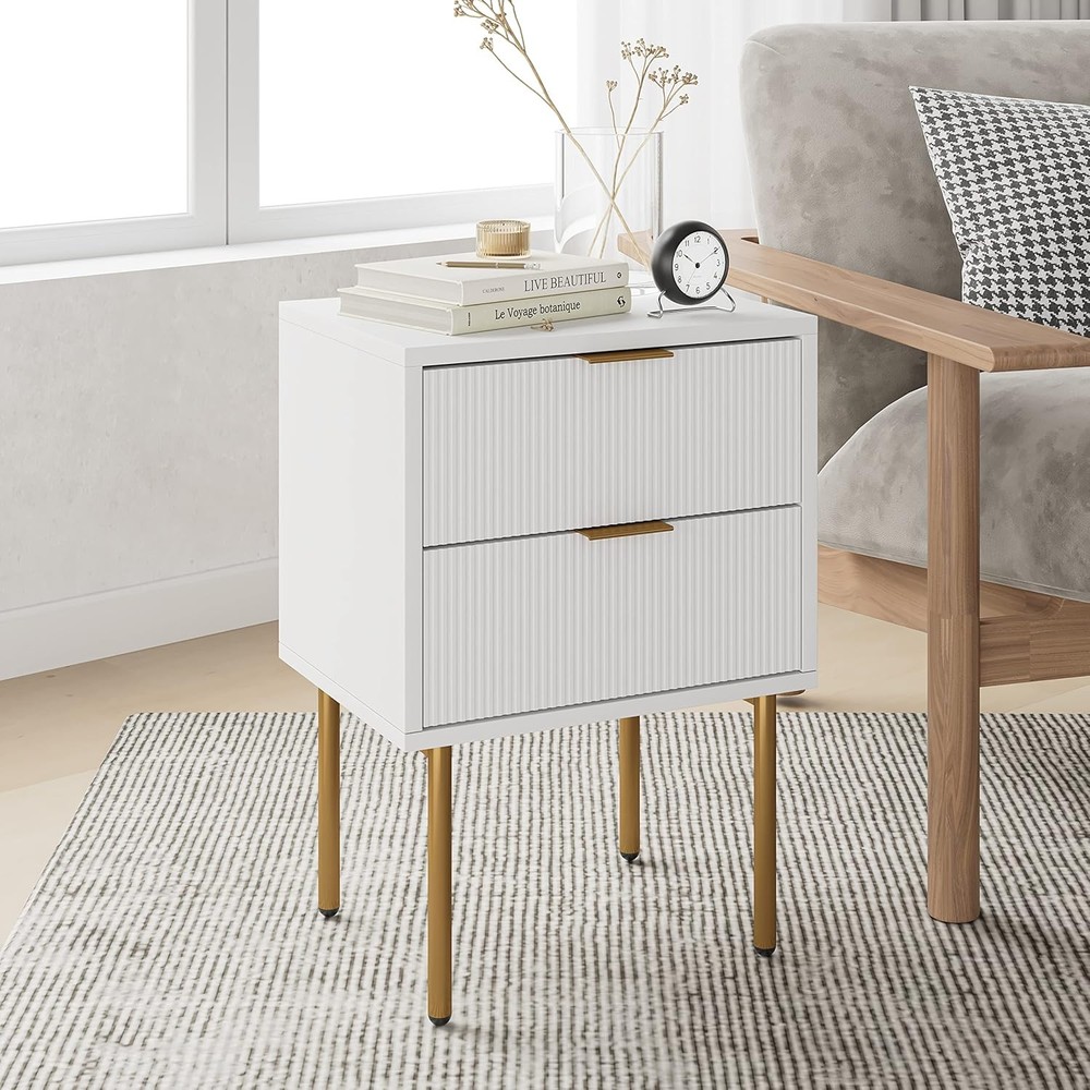 Fluted Nightstand with 2 Drawers in Small White Stripe