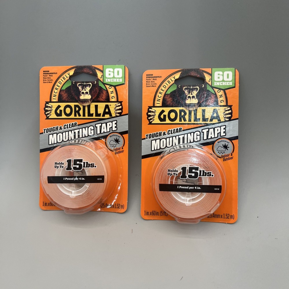 2 Pack Gorilla Mounting Tape Double Sided Adhesive Roll, Strong Hold 1 in x 60