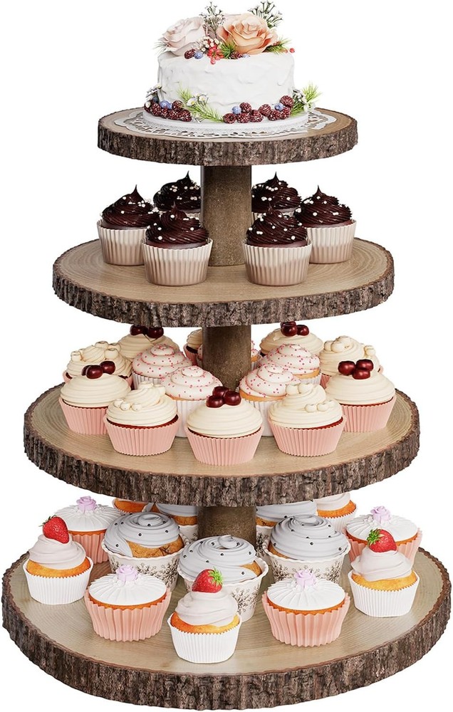 Wood Cupcake Stand, 4 Tier Wooden Cupcake Tower, Large Rustic Cupcake Display...