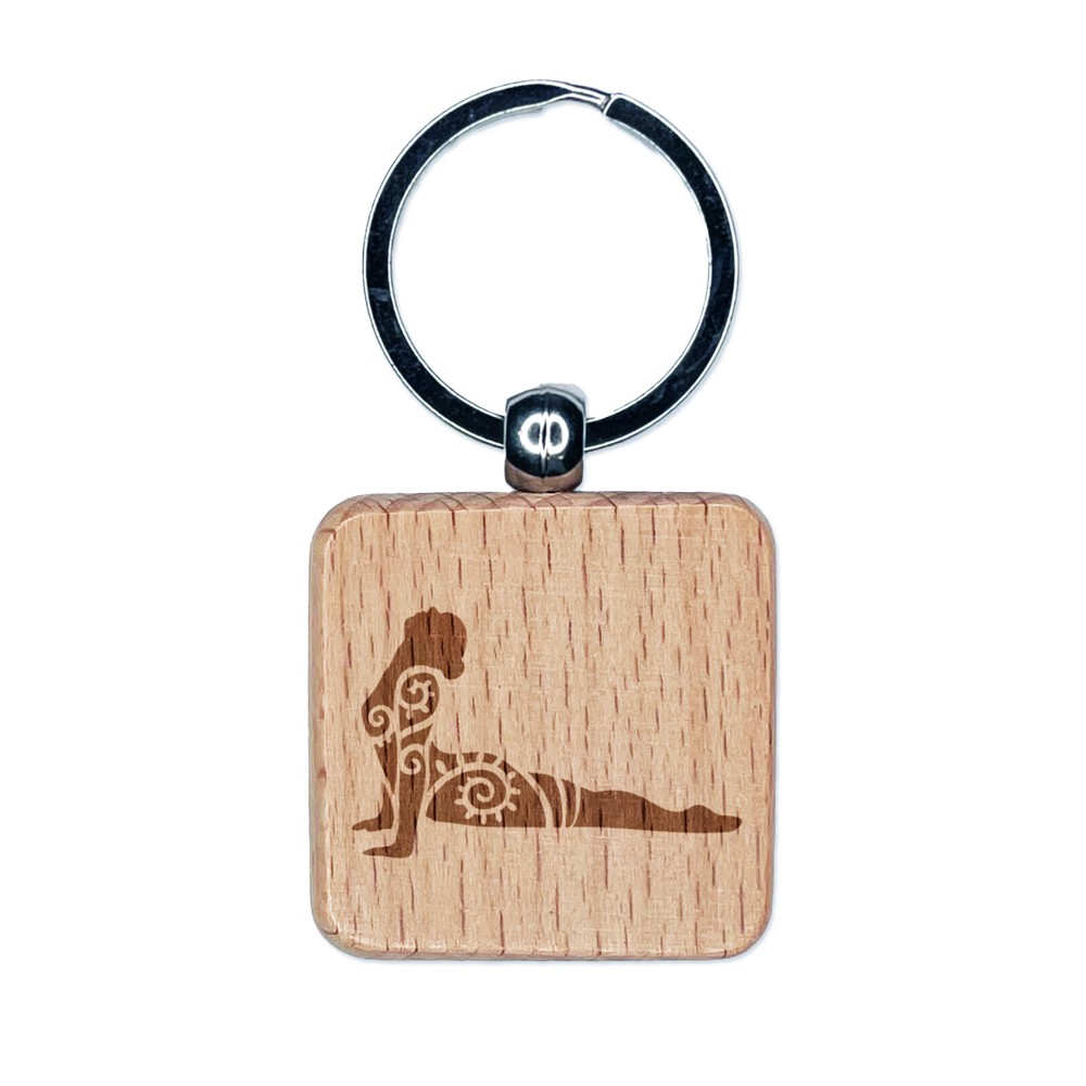 Yoga Pose Bhujanasana Cobra Pose Engraved Wood Square Keychain Tag Charm