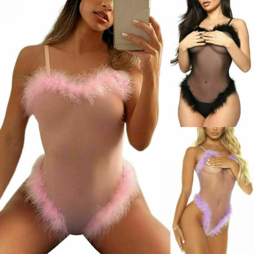 Womens Sexy Fluffy See Through Lingerie Babydoll Bodysuit Nightwear Underwear