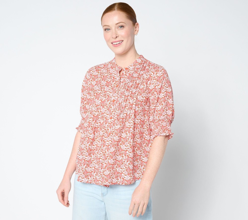 NYDJ Women's Top Sz M Short Sleeve Pleated Peasant Blouse Pink A654824