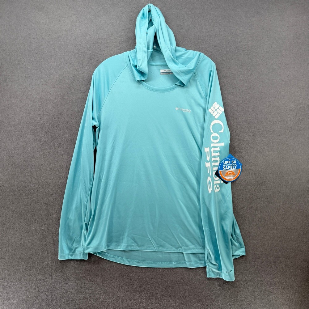 Columbia PFG Hoodie Tidal Tee Womens XL Aqua Blue UPF 50 Sun Shirt Lightweight