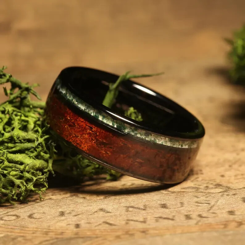 8mm Moss Agate & Whiskey Barrel Tungsten Ring Men's Wedding Band Comfort Fit