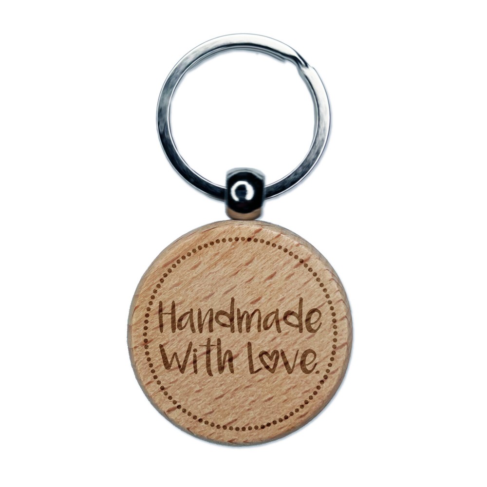 Handmade with Love Heart Dotted Circle Engraved Wood Round Keychain Tag Charm