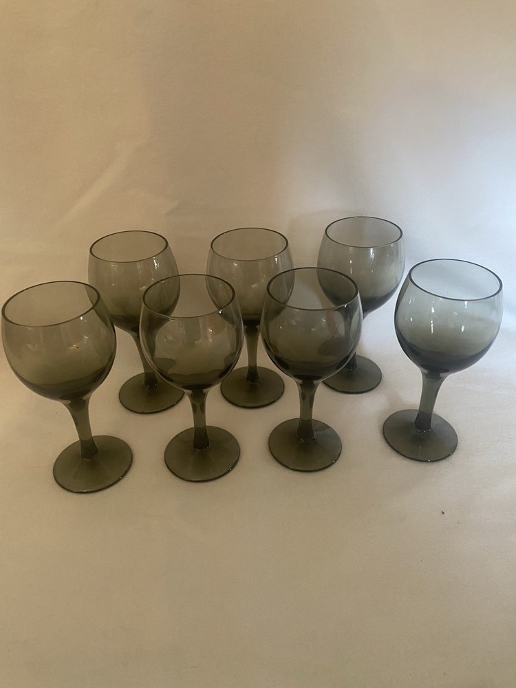 Smoke Black MCM Stemware Cordial Glasses 4.5 Inch Tall Set of 7 in Box 16